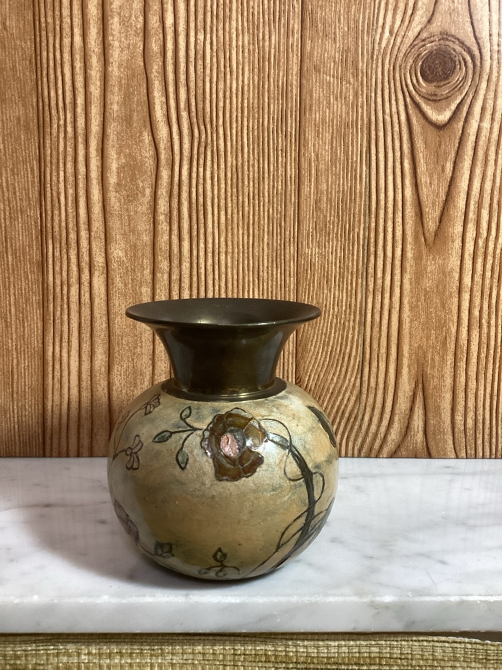 Vintage Cloisonné and Brass Art Deco Vase 4.25”